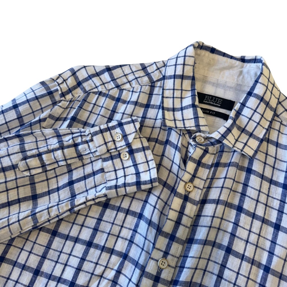Blue Saks Fifth Avenue Button Down Mens Blue White‎ Large Slim Fit Linen Check